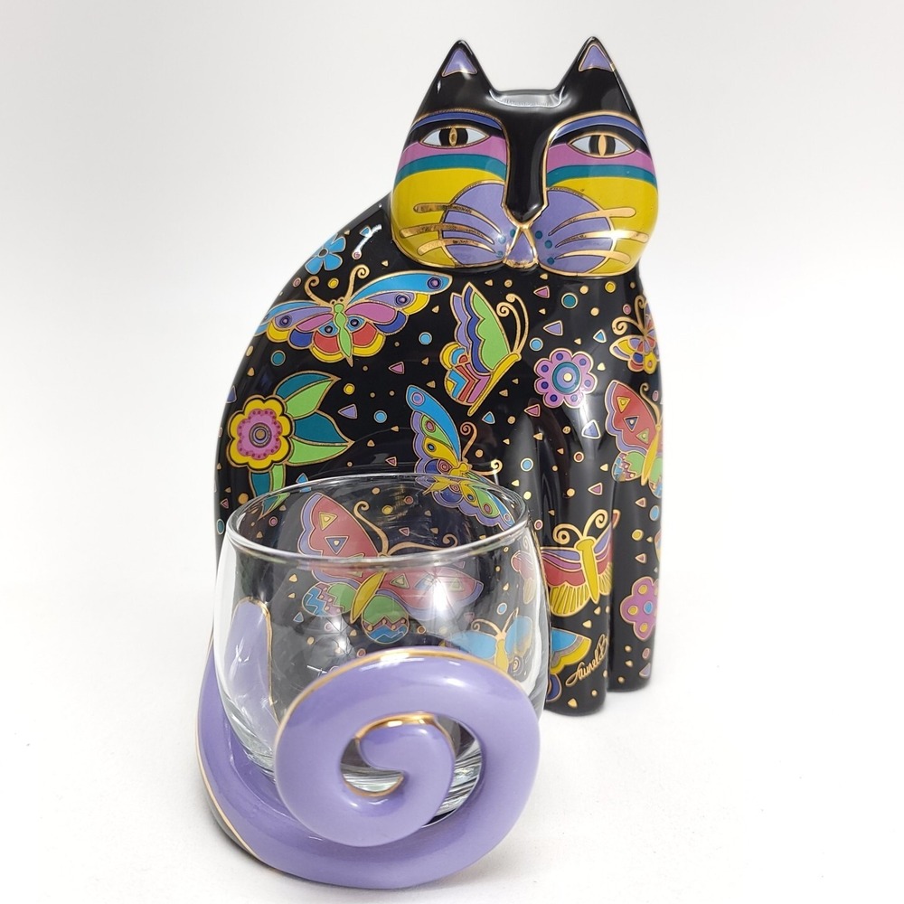 Vintage Laurel Burch Black Cat‎ Votive Candle Holder Butterfly Porcelain 1998